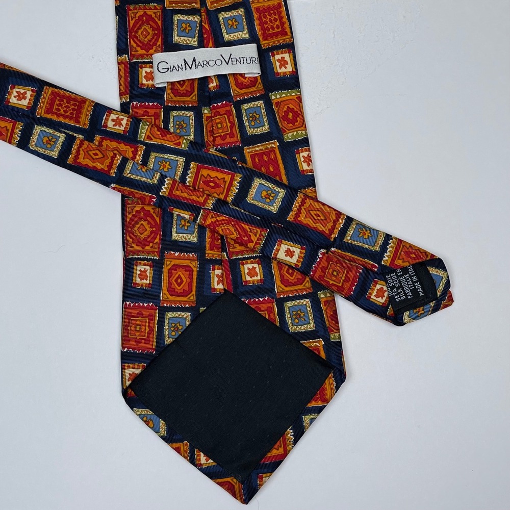 Gian Marco Venturi Silk Tie Necktie Mens Blue Orange Geometric Rug Pattern Italy - Picture 4 of 7